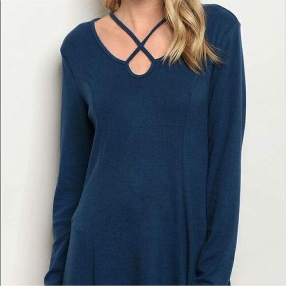 Dresses & Skirts - Teal Solid Cross Strap Neckline Long Sleeve Tunic Dress​​​​​​​​​​​​​​​​​